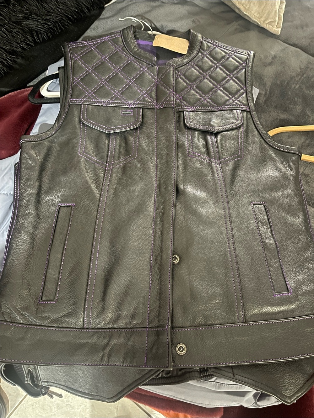 Unik Black Leather Vest with Purple Stitching Accents